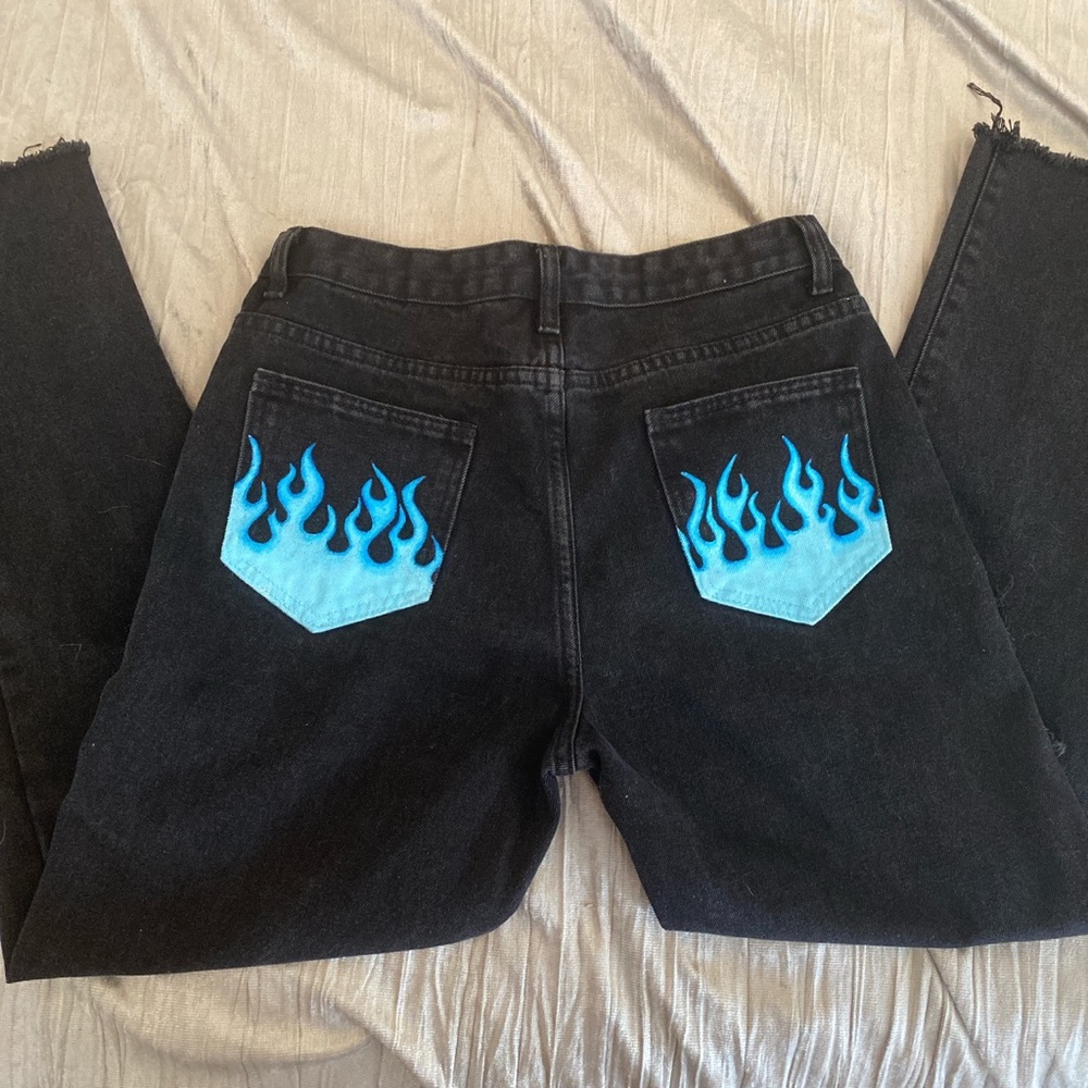 Hand painted ripped flame black jeans